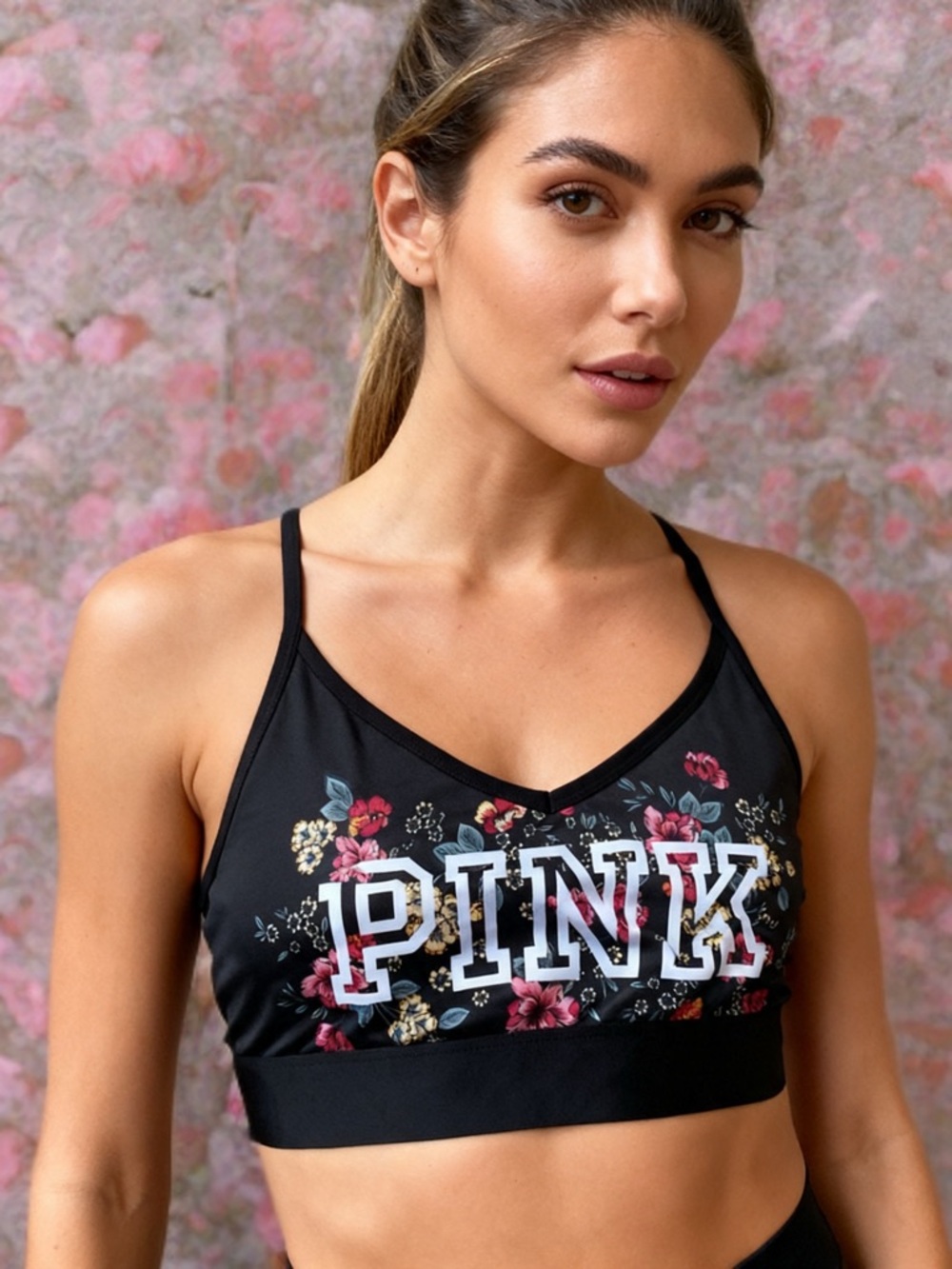 PINK Victoria's Secret Black Sports Bralette with Pink Floral Logo